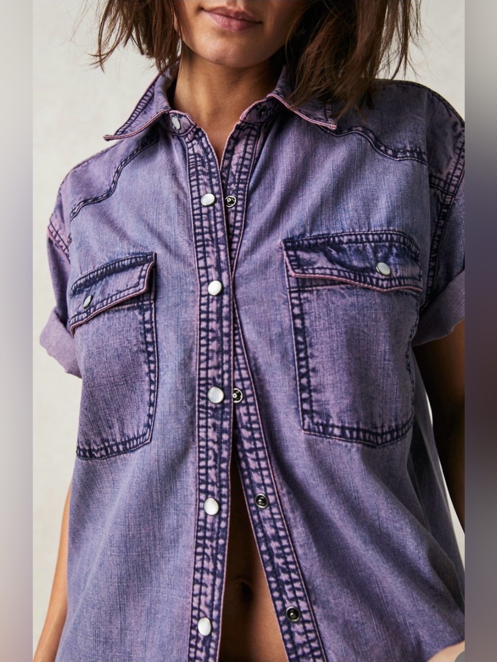 We The Free The Short of It Denim Top in Orchid Overdye, size L, NWOT